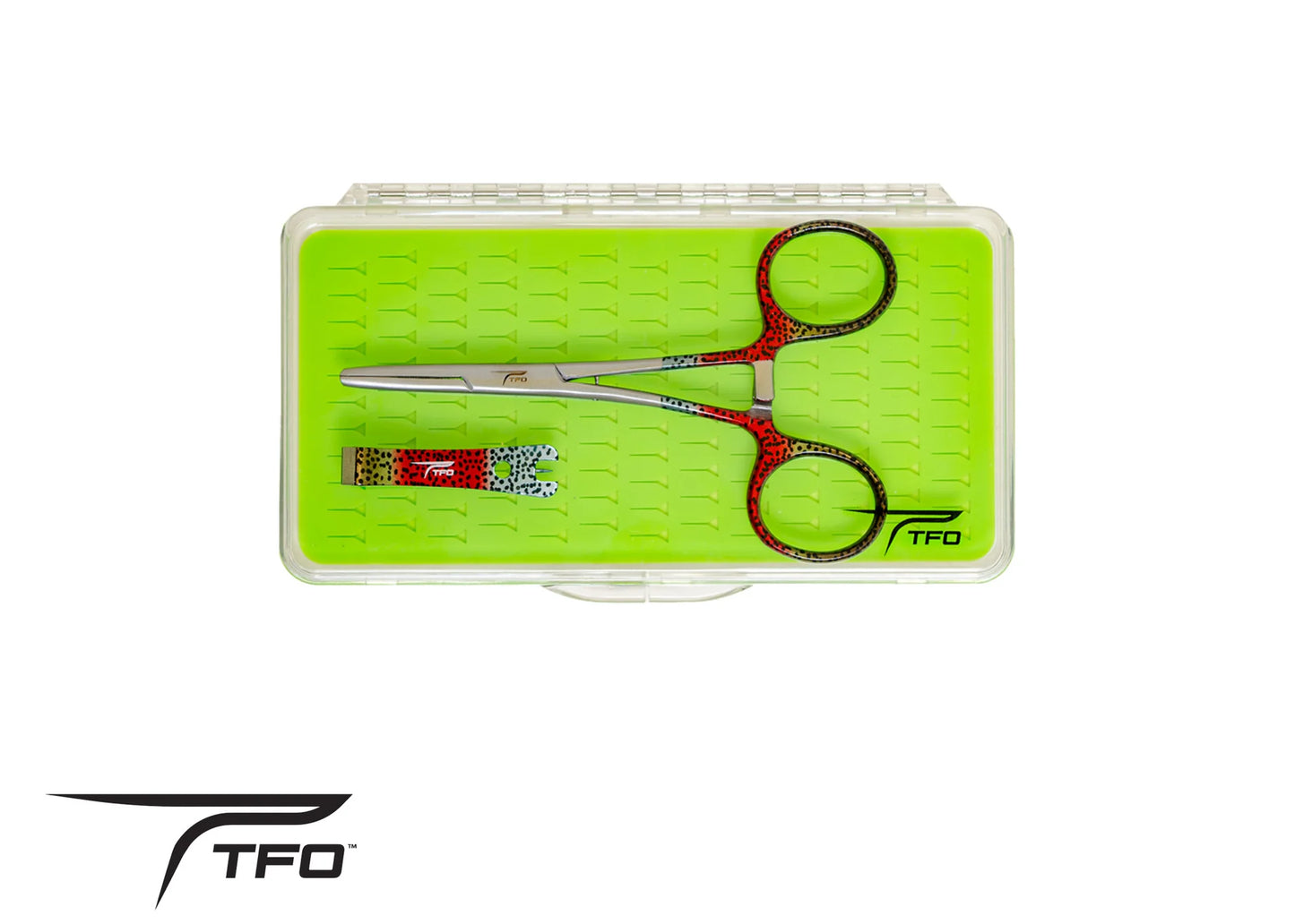 TFO Gift Box w/ Fish Print Nippers, Lg Silicone Fly Box & Kelly Clamp